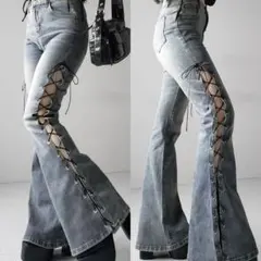 me+em select レースアップカットアウトストレッチフレアデニム