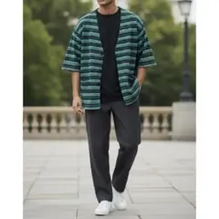 タケオキクチ ボーダー柄カーディガン 緑 黒 M 5分袖 ストレッチ 春夏