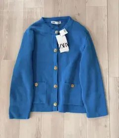 新品未使用 ZARA 青 カーディガン ボタン付き XL
