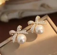 リボンパールピアス ゴールド