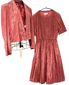 90s ペイズリー柄ノーカラージャケットセットアップ　プリーツワンピース　透かし