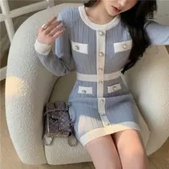 2021年 新作 春 インスタ モデル着用 ニット ワンピース ボタン 13