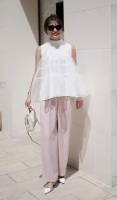 CELFOPD スカラップフレアブラウス タックショートパンツ セットアップ 