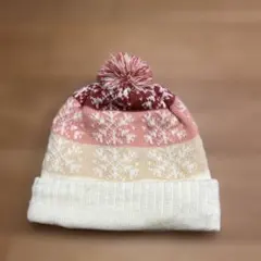 アクリルニット帽 ポンポン付き 雪の結晶模様 46〜50㎝