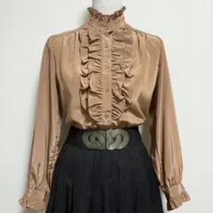 昭和レトロ ハイネック フリルブラウス ドット織柄 ヴィンテージ