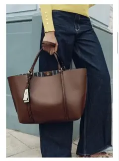 Zara ブラウン トートバッグ ストライプ内側