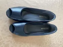 ネイビー レザー オープントゥ ウェッジヒールパンプス