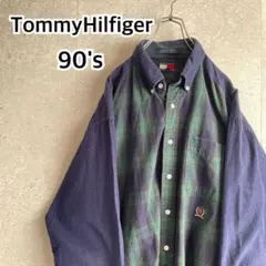 希少90s 旧タグトミーヒルフィガー 刺繍ロゴ コーデュロイ 切り替えシャツ