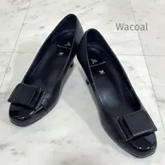美品 Wacoal サクセスウォーク パンプス 23 EE 黒 リボン バックル