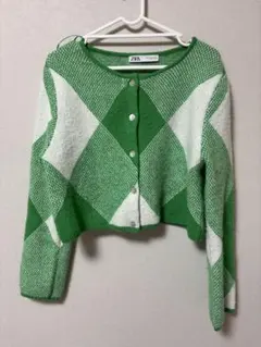 ZARA アーガイル柄 ニットカーディガン グリーン