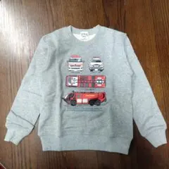本体綿100% 130cm働く車 緊急車両プリント グレー 裏毛トレーナー