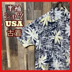 柄シャツ 総柄 メンズ M ネイビー シャツ USA古着 90s 半袖