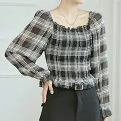 2WAY チェック柄 シャーリングブラウスのサムネイル