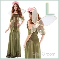 フェアリーコスチューム 衣装ワンピースLサイズ 妖精羽付き コスプレ 撮影 緑色