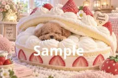 ストロベリーケーキで眠る子犬 デジタルアート イラスト