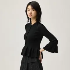 GU リブフリルカーディガン by rokh 七分袖 Mサイズ ブラック