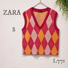 ZARA アーガイル柄ニットベスト Vネック ピンク S 春夏 人気のサムネイル