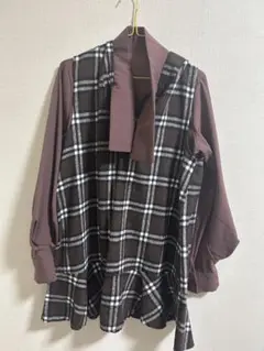リボンタイボリューム袖ブラウス×チェックワンピースセット[ac1460]