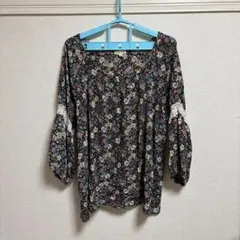 花柄ブラウス バルーン袖 長袖シャツ 2X 黒 レース装飾 レディース
