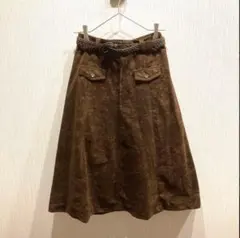 70s 風なベルト付きロングスカート　ベロアAラインスカートブラウン茶