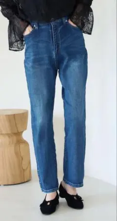 新品★ ウエスト革命デニム ウエストシェイプハイライズマムジーンズ ブルー Lのサムネイル
