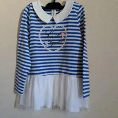 Angel　Love　長袖カットソー レースフリル付　青と白のストライプ150