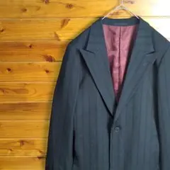 テーラードジャケット　黒　裏地　赤　ストライプ　毛　ウール　ワンボタン　古着