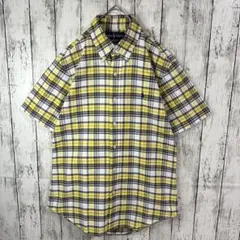 【ラルフローレン】半袖チェック柄シャツ☆BDシャツ☆刺繍ロゴ☆黄色タータン　紺