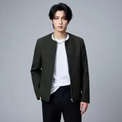 美品 HARE ウール ノーカラージャケット ブルゾン グリーン 短丈