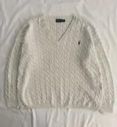 ラルフローレン アイボリーホワイト コットンケーブルニット Vネック XLサイズ