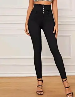 ハイウエスト スキニーパンツ ブラック 4連ボタン