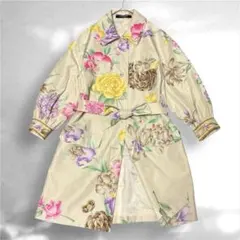 レオナール｜美品✨シルク100%花柄トレンチコート｜ベージュ｜パフスリーブ｜L
