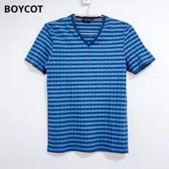 【ボイコット】Tシャツ　半袖　トップス　紺　青　ボーダー　チェックのサムネイル