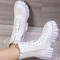ホワイト 厚底レースアップブーツ SHEIN ROMWE レースアップフロント
