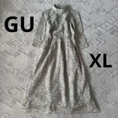 GU レーススタンドカラーワンピース　七分袖ライトグリーン花柄XL