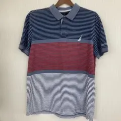 C25 アメカジ NAUTICA メンズ ポロシャツ 青系 ボーダー 3L