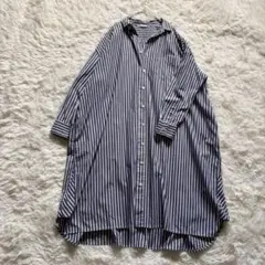 グランママドーター ストライプ 長袖 シャツワンピース 青 白 ゆったり