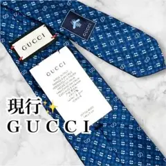 極美品꧂ グッチ ネクタイ GG柄 ストライプ ハチ ブルー 光沢 現行