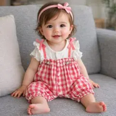 petit main いちご刺繍ギンガムチェックロンパース