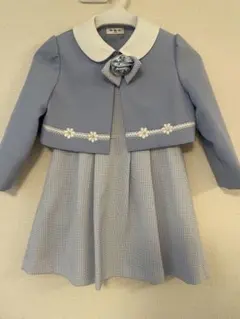 キッズ フォーマルワンピース ボレロセット 水色 ギンガムチェック 115