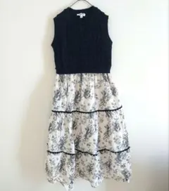 【sale】 ワンピース M ニット ノースリーブ &merci 黒白 花柄