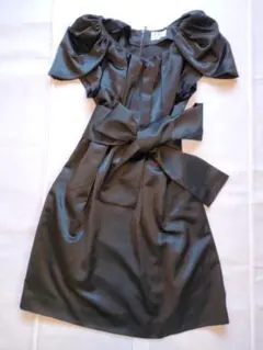 Lanvin　ランバン　サテンギャザーネック パフスリーブリボンワンピースドレス