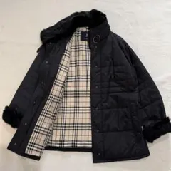 バーバリーロンドン　キルティングジャケット　ノバチェック　ラビットファー　黒