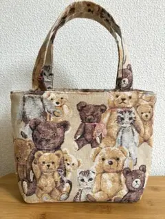 ハンドメイドトートバッグ　くま　時々ねこ　ネコ　猫　ゴブラン織風