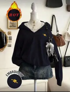 刺繍付きネイビー　SHEIN ハーフジップ　スウェットシャツ