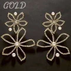 ピアス フラワー パール ビジュー 揺れる 結婚式 パーティー ゴールド