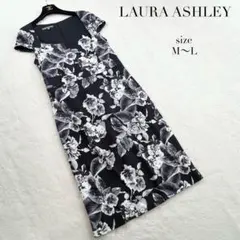 【ローラアシュレイ】モノトーン花柄ワンピース☆スクエアネック☆美シルエット☆M