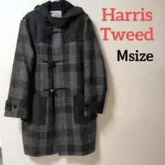 ハリスツイード　グレー系切り替えチェックダッフルコート　Мサイズ　 古着系
