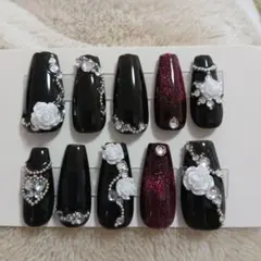 成人式、ブラックカラーネイルチップ10個セット