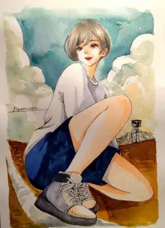 手描きイラストA4　コピック・水彩画『陸上部エース』